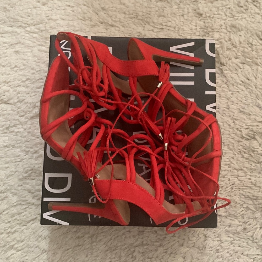 Hot Coral Strappy Tie Leg Heel Sandals